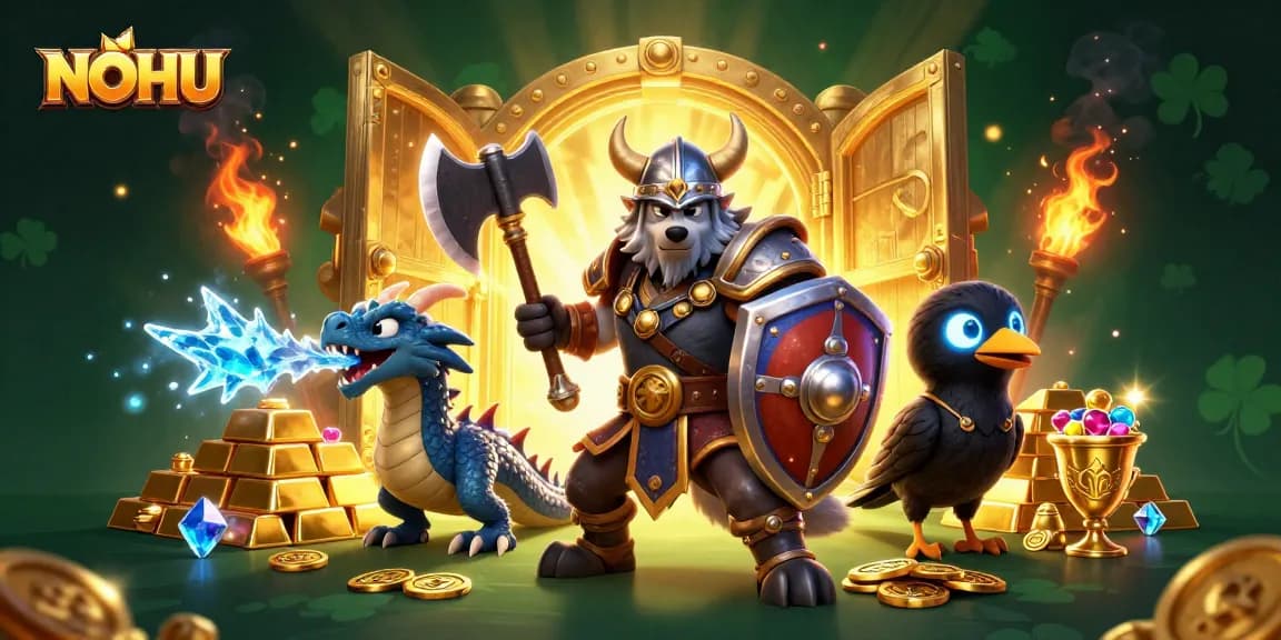 Engage in the excitement of NOHU with a vibrant 3D scene featuring a heroic Viking alongside a dragon, amid a treasure-filled backdrop.