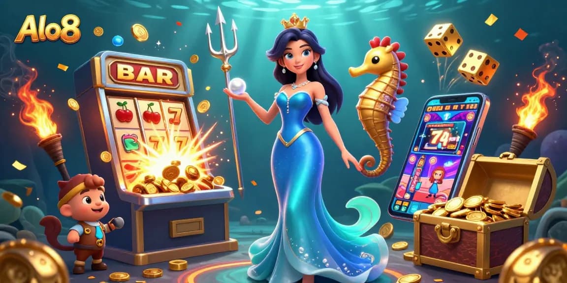 Engage with Alo8's thrilling casino games in a vibrant underwater illustration featuring a 3D woman, seahorse king, and gaming elements.