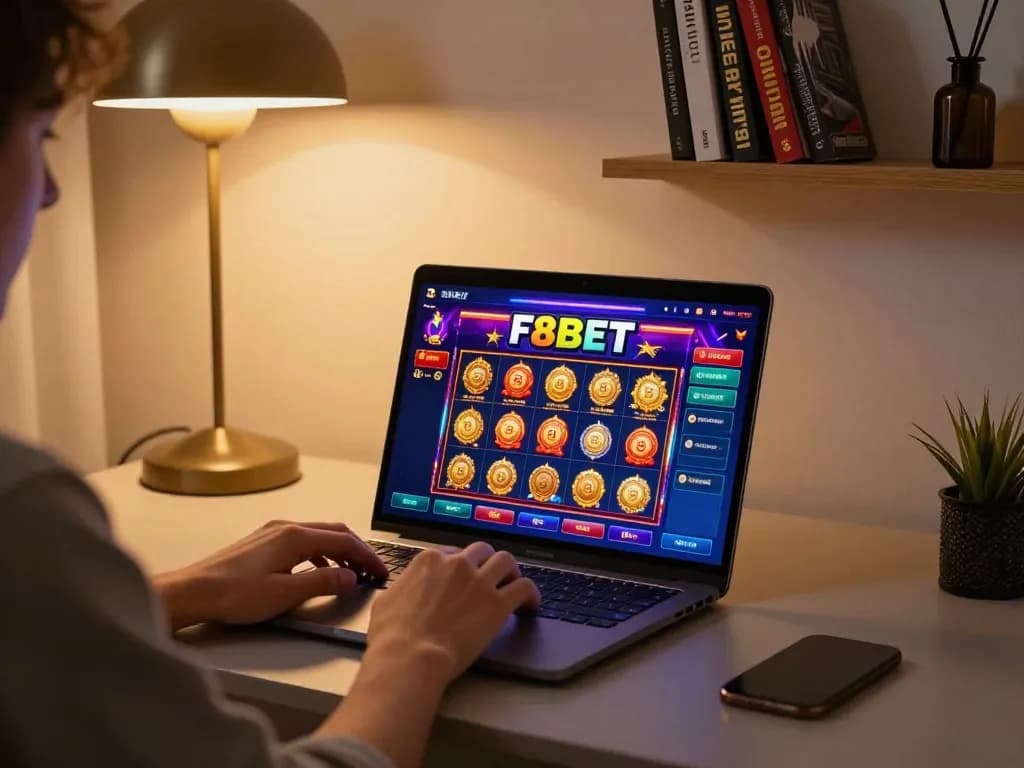 Player engaging in online slot gaming on F8BET platform at a modern home office setup.