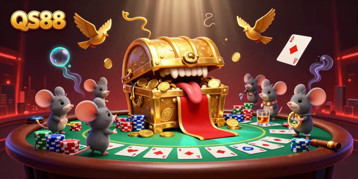 Experience thrilling gaming at QS88 with vibrant 3D illustration of a golden treasure chest and poker elements.