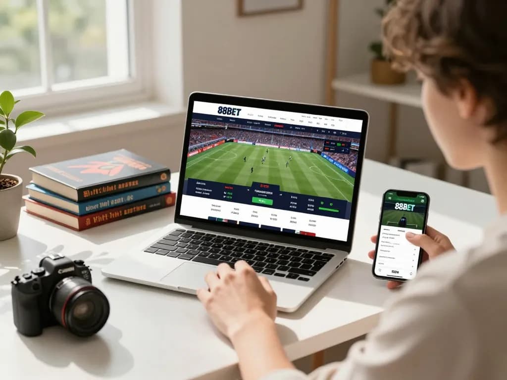 Engaging online betting experience on 88BET with a user analyzing live sports odds at home.