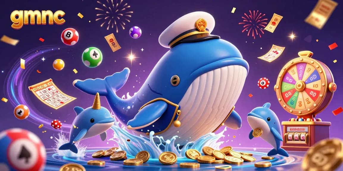 gmnc whale celebrates with dolphins and lottery elements in a dynamic casino scene