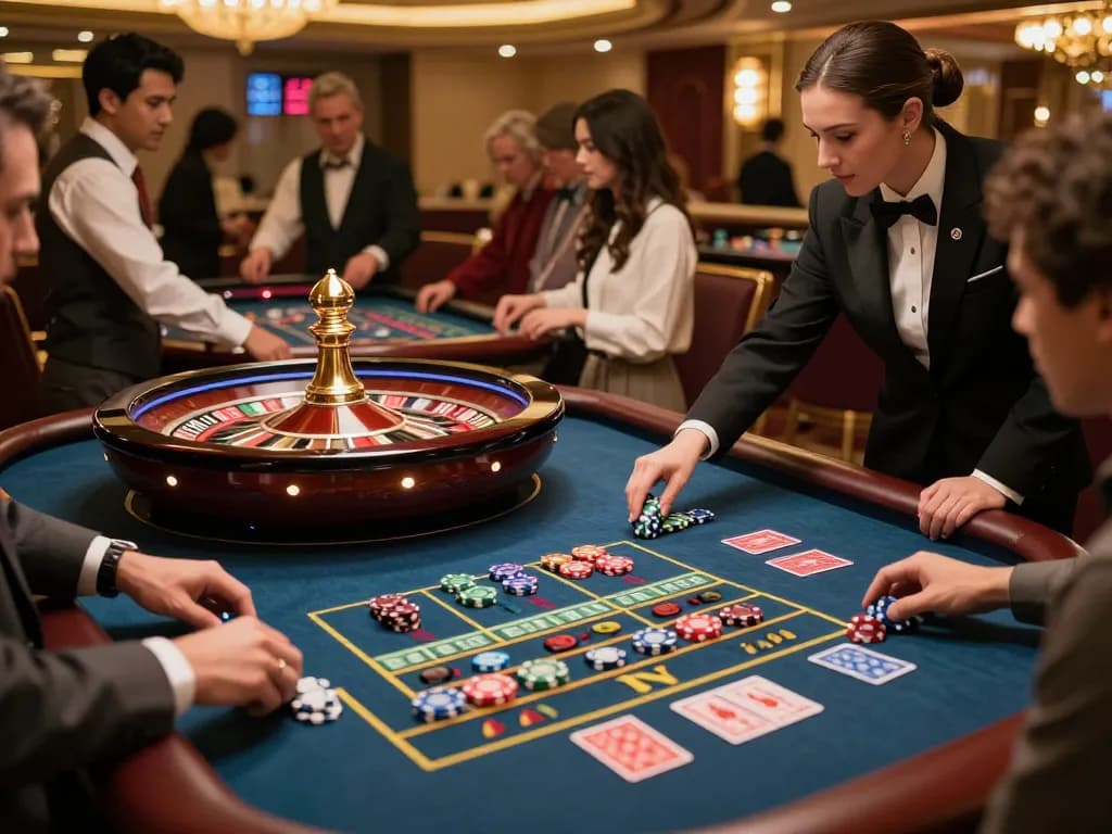 O8 players engaging at a roulette table, experiencing thrilling betting action in a luxurious casino.