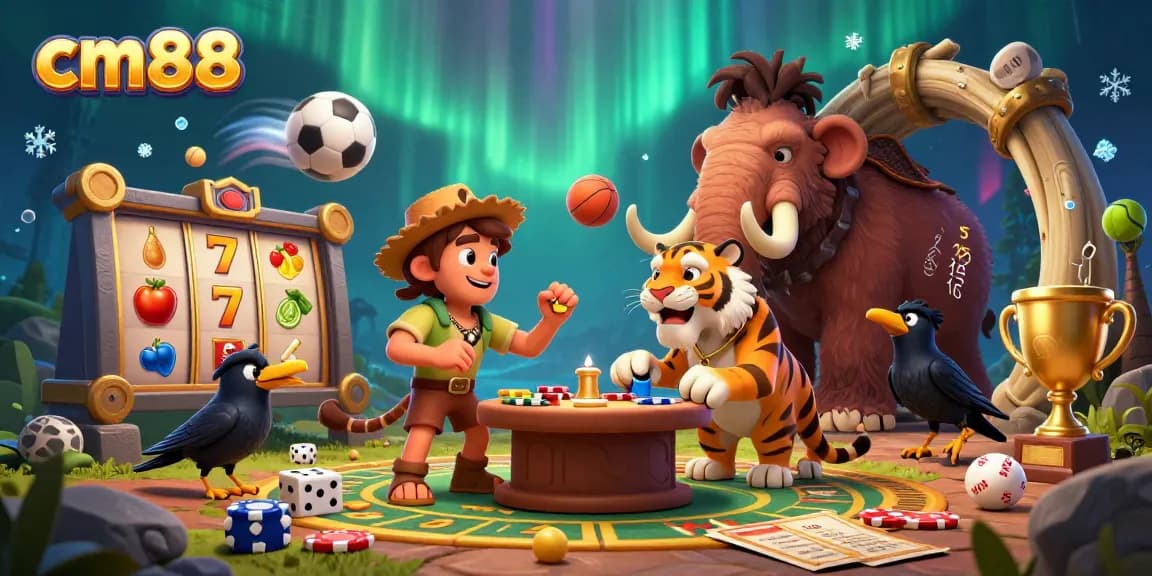 Engage with cm88's vibrant prehistoric casino scene featuring slot reels and sports balls in action.