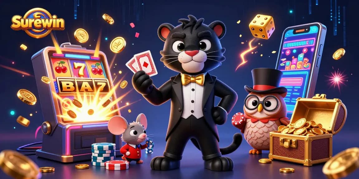 Win big at Surewin with a stylish panther dealer, poker chips, and dynamic casino elements.