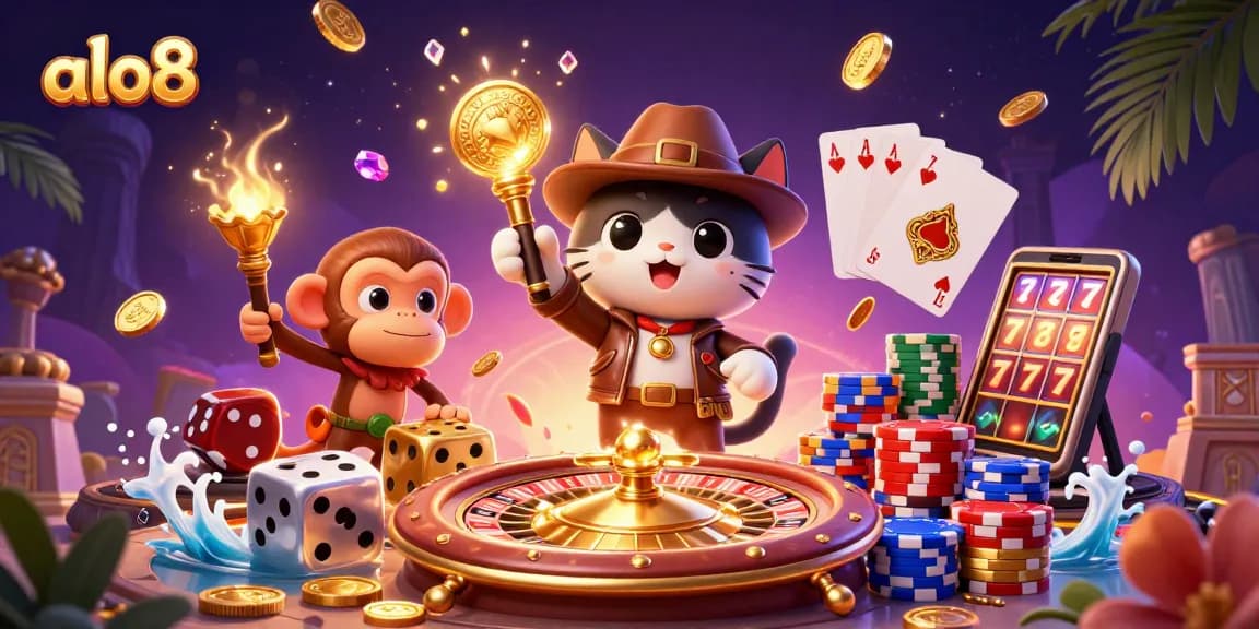 Experience epic wins at alo8 with an adventurous cat archaeologist discovering treasures.