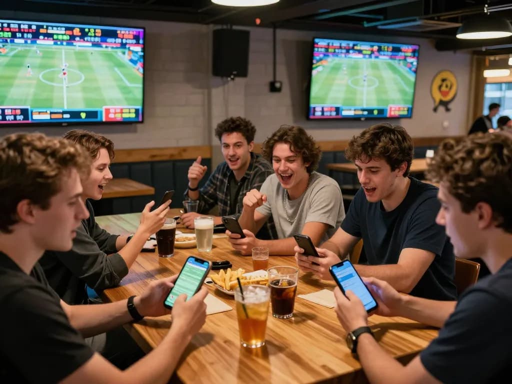 Friends celebrating a sports betting win at XX88, analyzing game stats on smartphones.