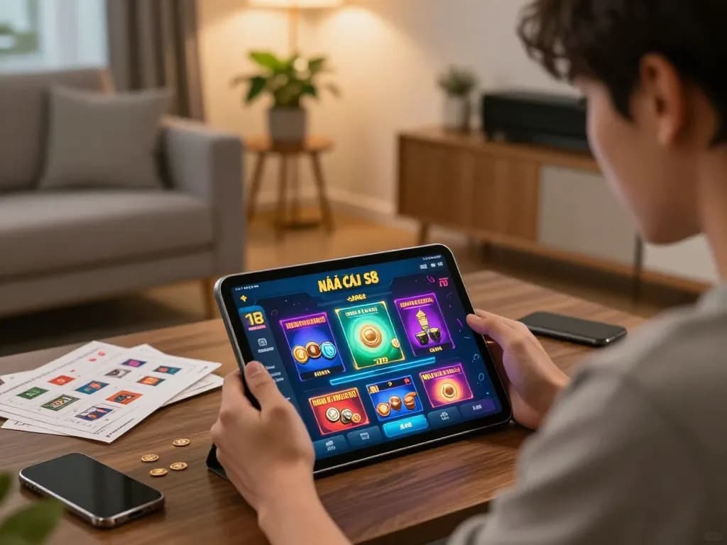 Engaged player exploring Nhà cái s8 app on tablet in a cozy home setting.