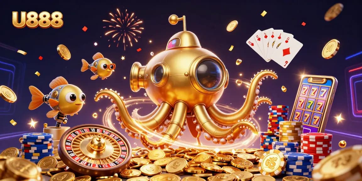Experience thrilling wins with U888 in this vibrant, dynamic 3D casino illustration showcasing excitement and chance.