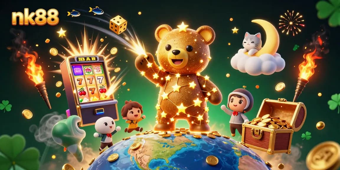 Experience nk88's thrilling online casino adventure with a vibrant 3D illustration showcasing slot machines and game excitement.