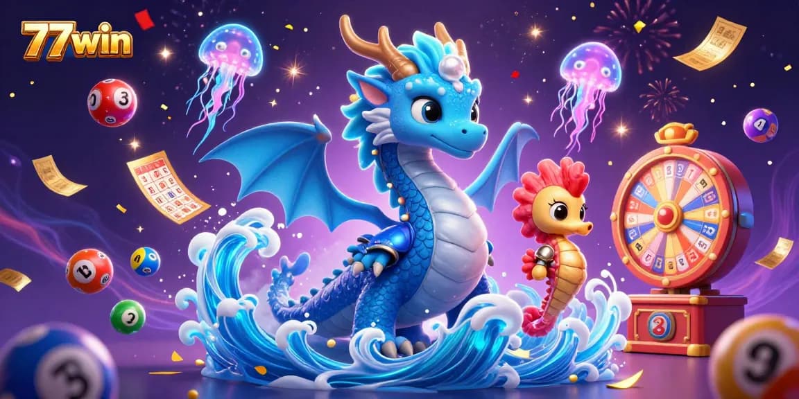 77win players enjoy a magical scene with dragon, seahorse knight, and lottery elements.