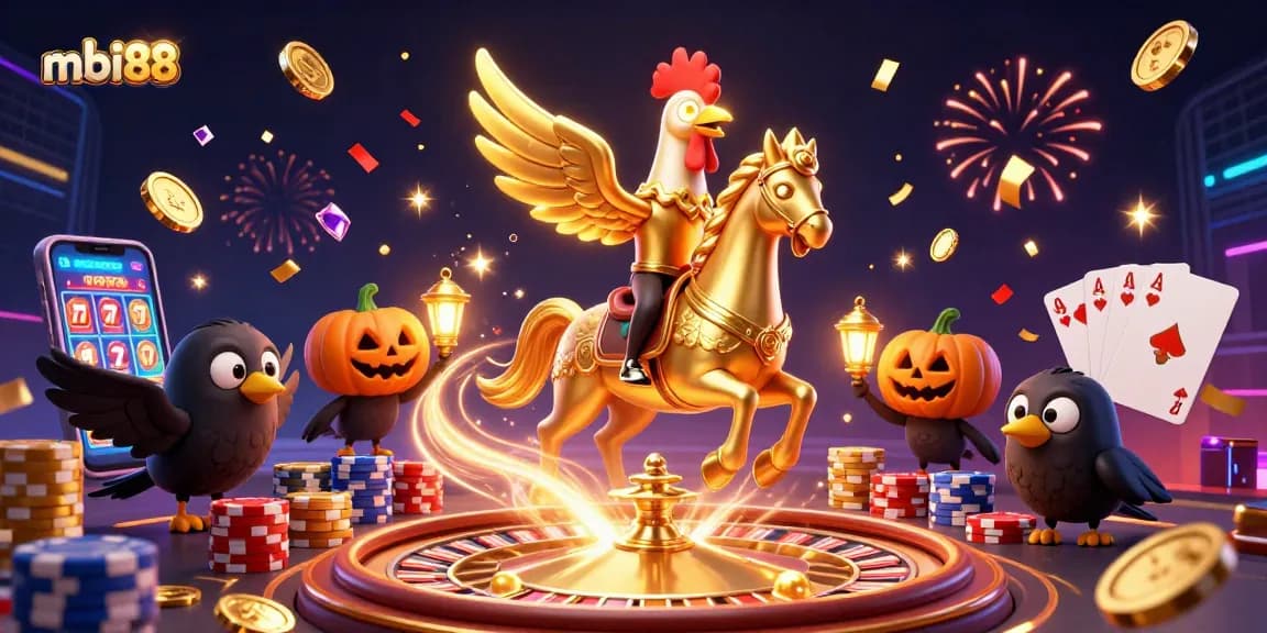 Enjoy thrilling gaming action with mbi88 at the vibrant online casino featuring golden rooster characters.