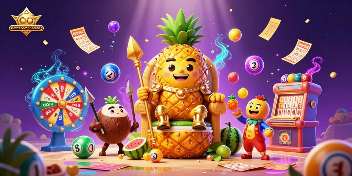 Engage with the vibrant world of dacsandatphanrang, showcasing a golden pineapple king surrounded by dynamic casino elements.