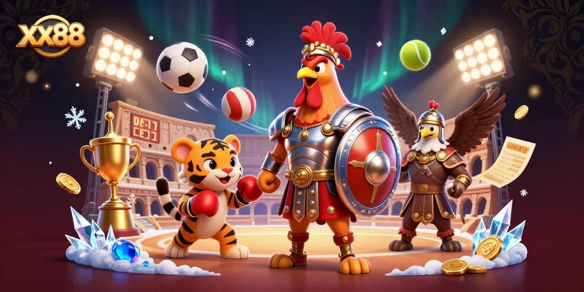 Engage in thrilling games at xx88 with a 3D gladiator rooster amidst sports icons and excitement.