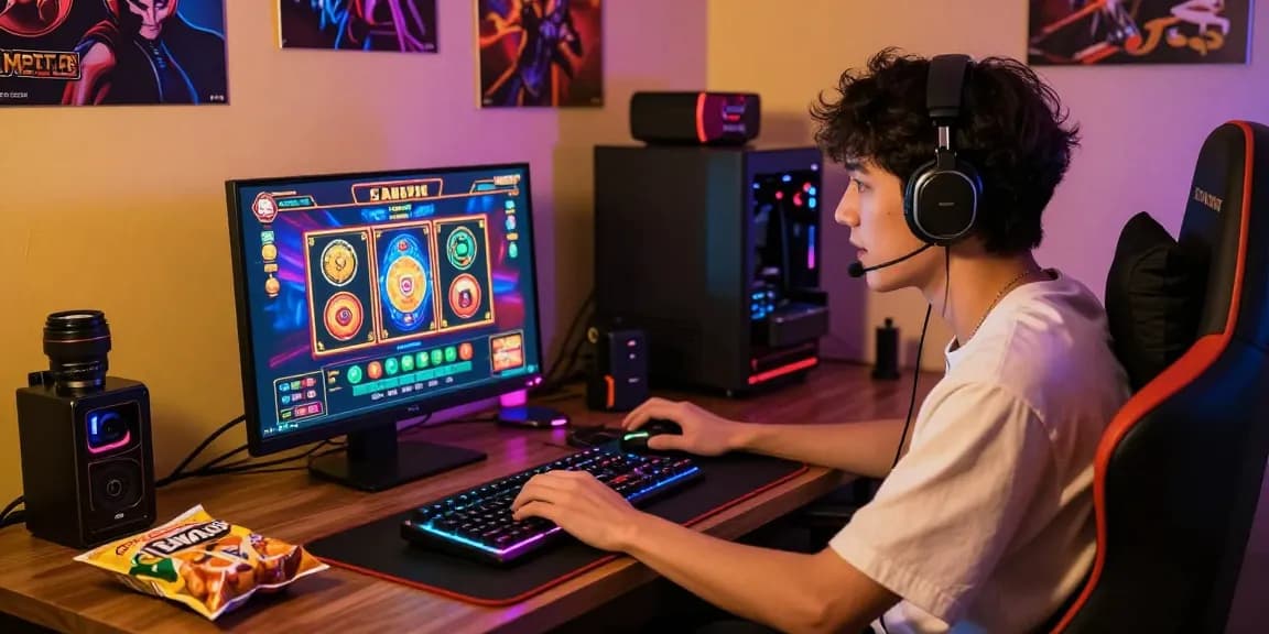 Player enjoying Rr8i gaming experience on a vibrant laptop setup with engaging visuals and cozy atmosphere.
