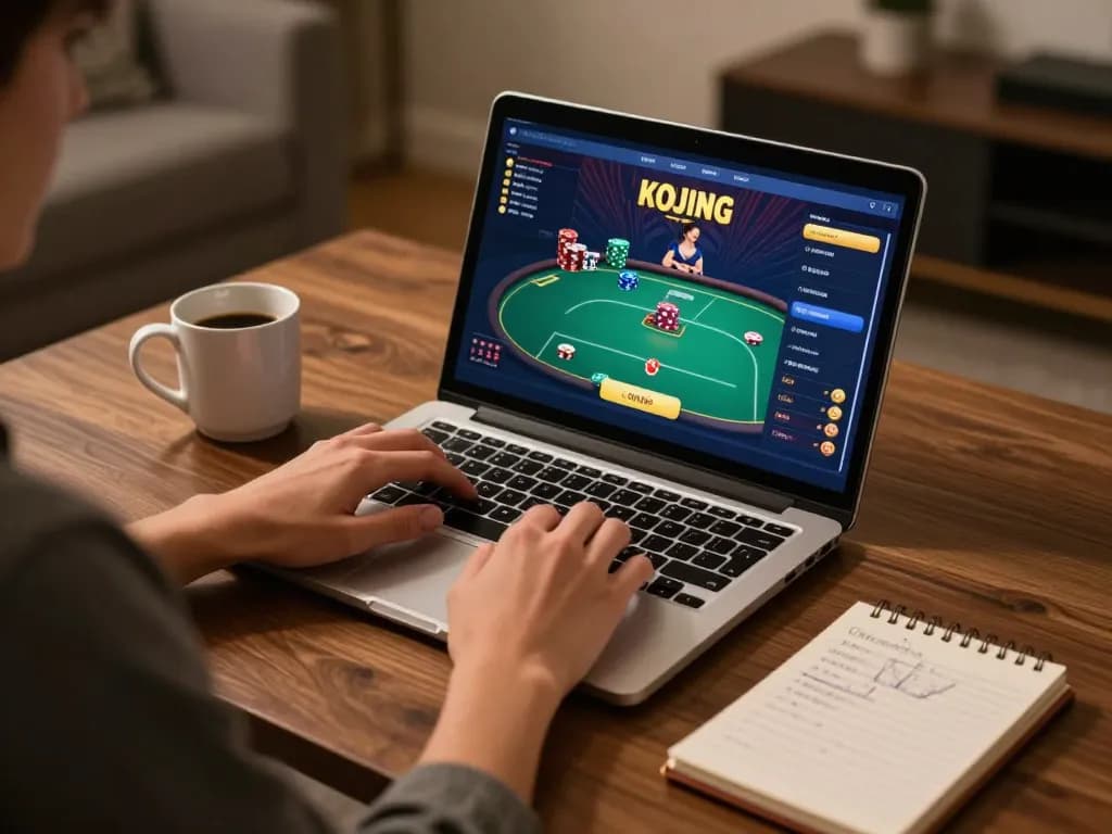 Player engaging with Nhà cái mv66 online poker game interface on laptop with strategic notes.