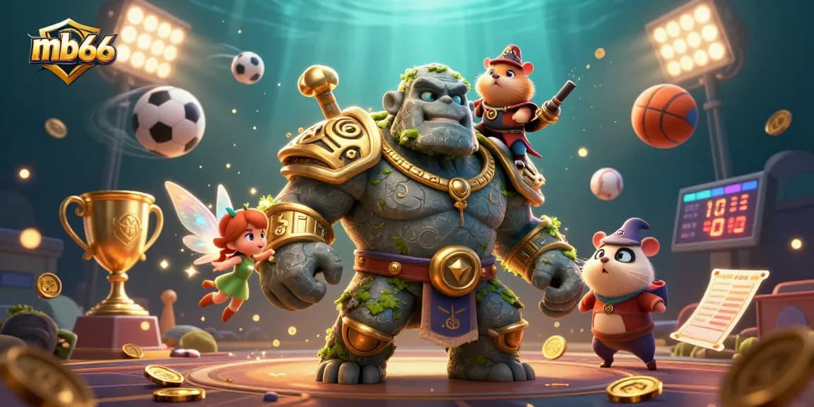Experience the excitement of mb66 with a lively scene of a stone golem and a brave hamster knight amidst dynamic betting elements.