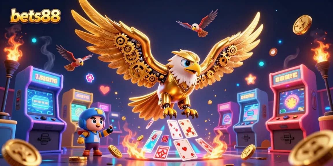 Bets88 offers vibrant gaming action with a golden eagle soaring through holographic cards.