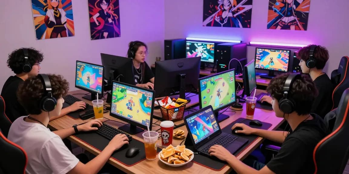 Friends enjoying hentaigames in a lively gaming room with devices and vibrant graphics.