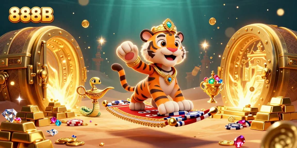 Experience excitement with 888B in a vibrant Arabian Nights casino illustration packed with gold and treasures.