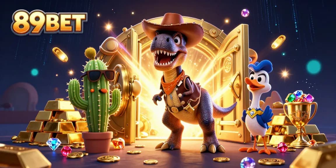 Engage with 89BET's thrilling gaming experience in a vibrant cartoon scene full of treasures.