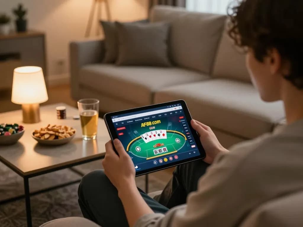 Engaging in online gaming on AF88 com with a tablet in a cozy living room.