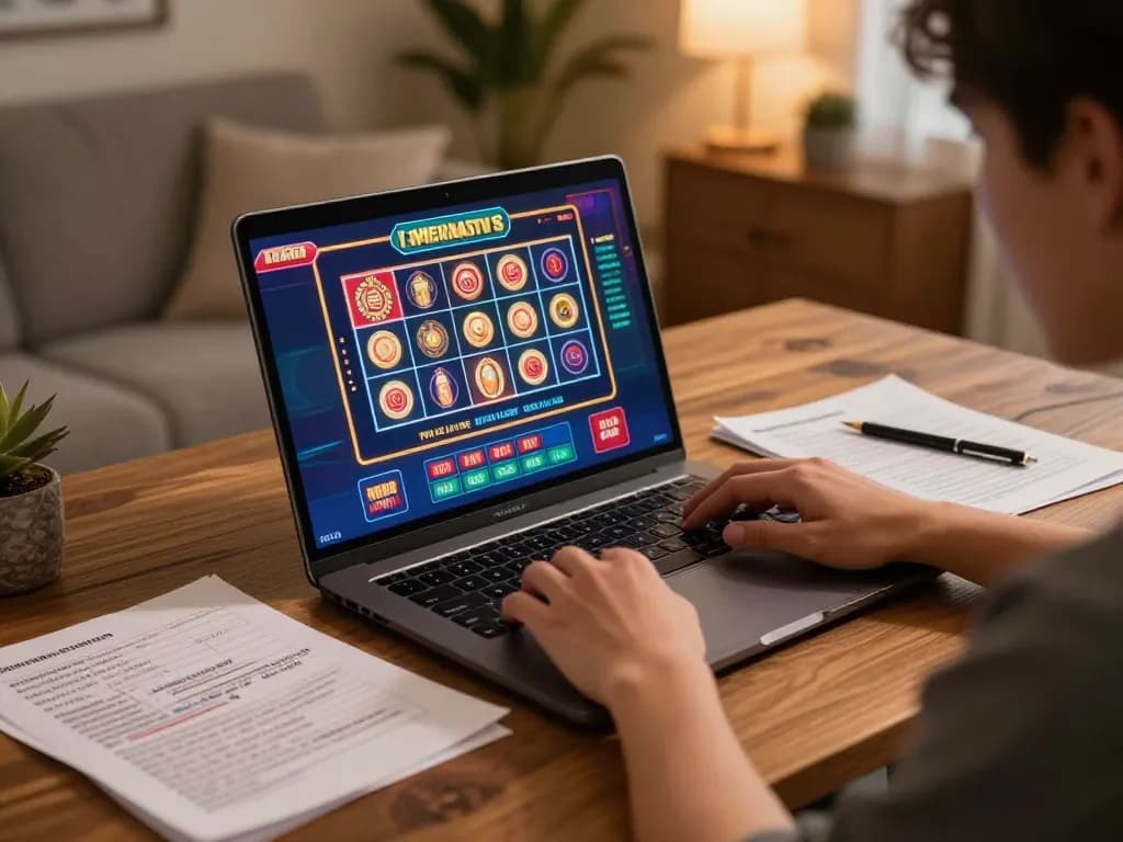 Engaged player using llwin interface for online casino, showcasing vibrant casino graphics and strategy notes.