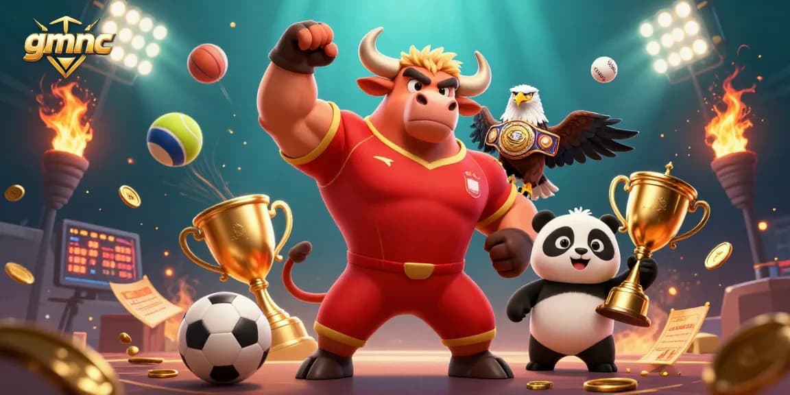 Experience the thrill of gmnc with a dynamic 3D casino scene featuring a victorious bull mascot and sports elements.