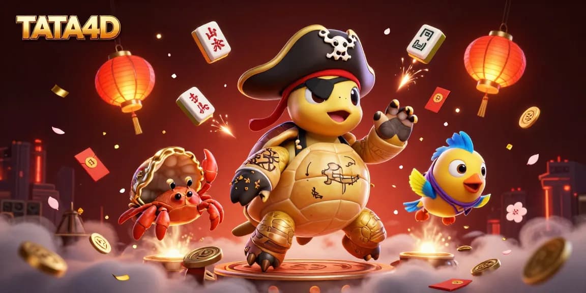 TATA4D slots showcase with a pirate turtle and treasures amidst vibrant casino elements