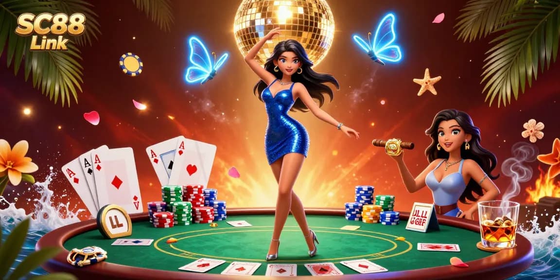 Experience the thrill of gaming at SC88 Link with a dazzling casino scene filled with vibrant elements.