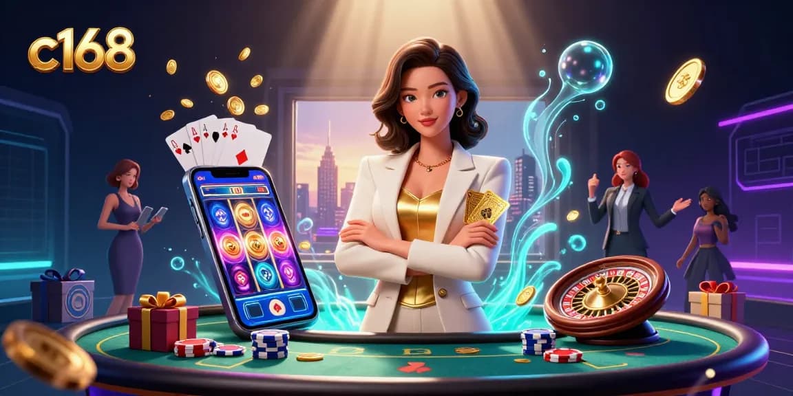 C168 casino scene with an elegant Asian woman holding cards, surrounded by slot games and poker elements