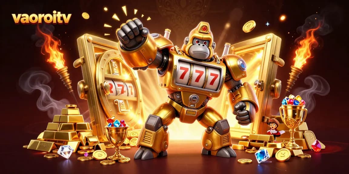 Experience thrilling sports with vaoroitv showcasing a majestic golden gorilla mech in a vibrant casino world.