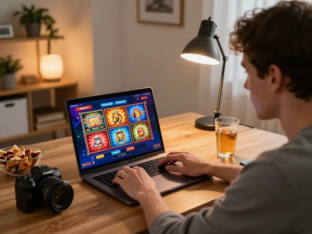 Engaging gameplay on a laptop featuring Pragmaticplay slot game with vibrant graphics in a cozy home setup