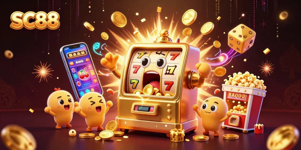 SC88 slot machines celebrate a jackpot explosion amidst coins and vibrant casino elements