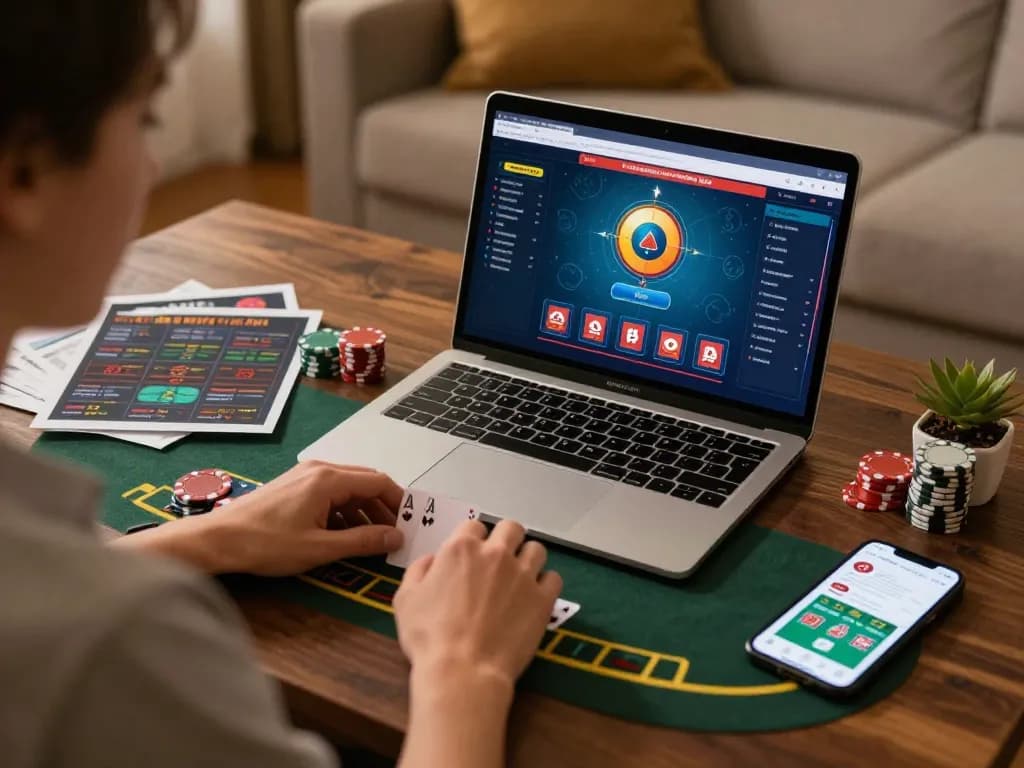 Engaged player on laptop enjoying xoso66com online blackjack with strategic guides.