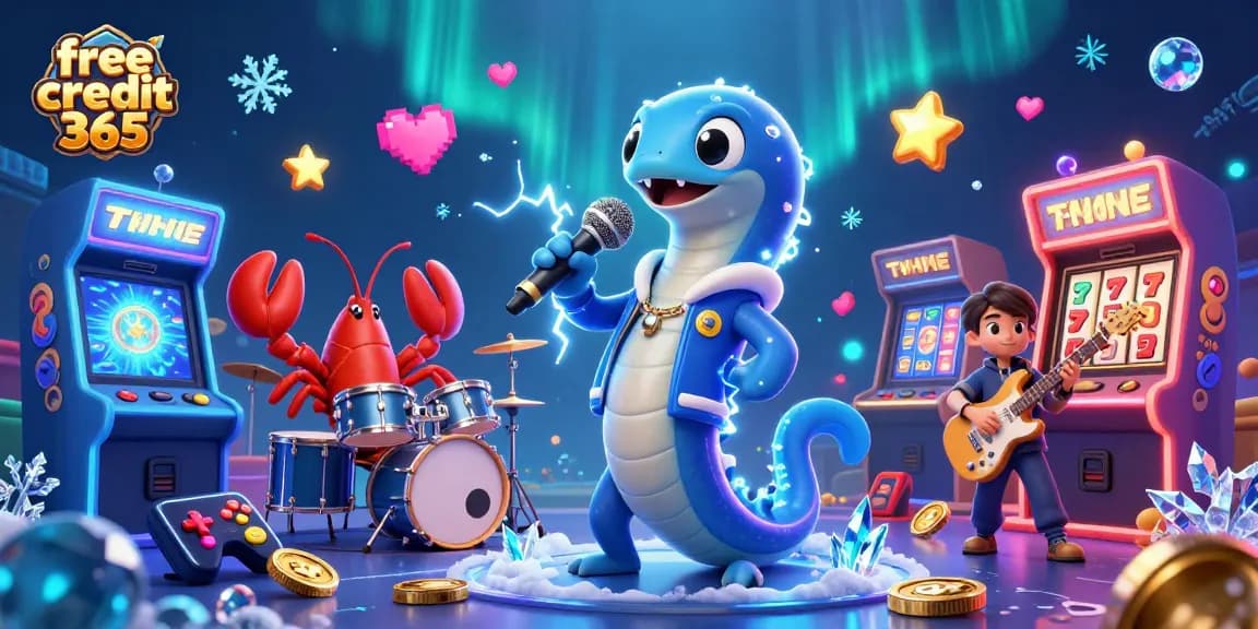 Engage with exciting casino games at free credit 365, illustrated by a vibrant underwater scene featuring an electric eel DJ.