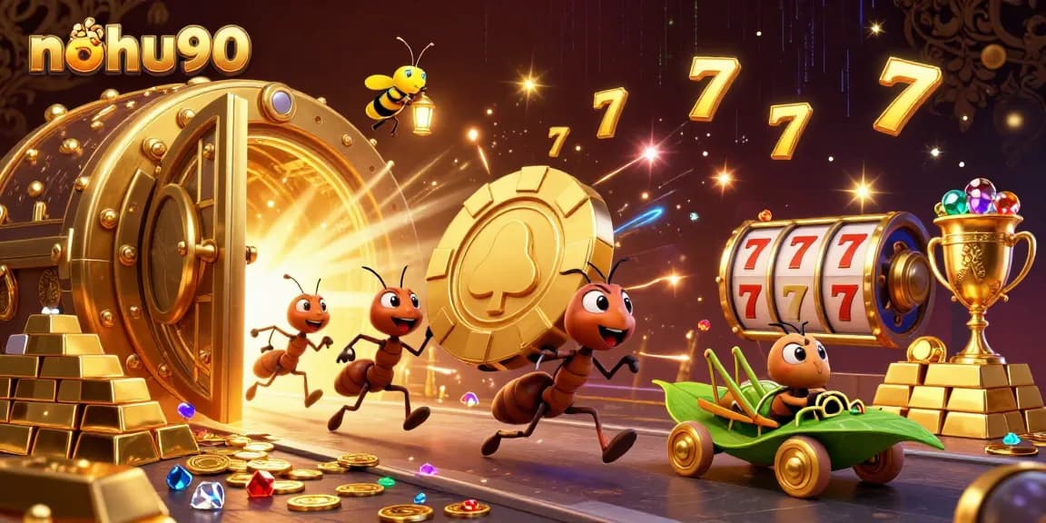 Experience the thrill of nohu90 with cartoon ants heisting a golden poker chip in a vibrant casino scene.
