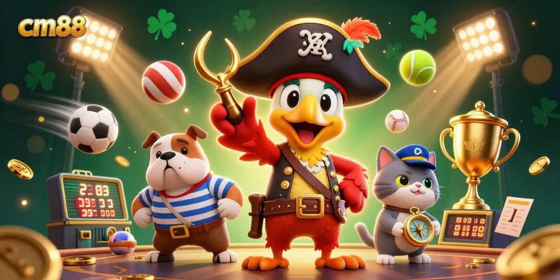 Join the excitement at cm88 with thrilling casino games featuring a pirate captain, bulldog, and cat!