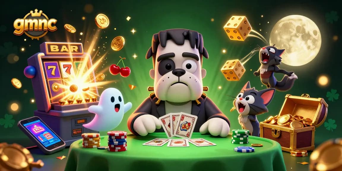 gmnc system illustrated with Frankenstein bulldog dealing cards at a casino, surrounded by rich gaming elements