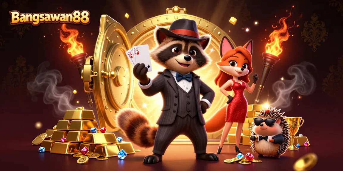 Bangsawan88 offers exhilarating sports betting opportunities with a dynamic illustration of casino characters enjoying their luck.