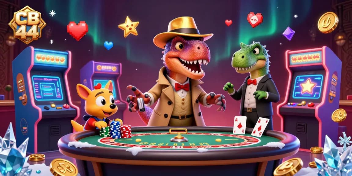 Engaging 3D illustration of CB 44 online casino with cartoon characters and vibrant gaming elements.