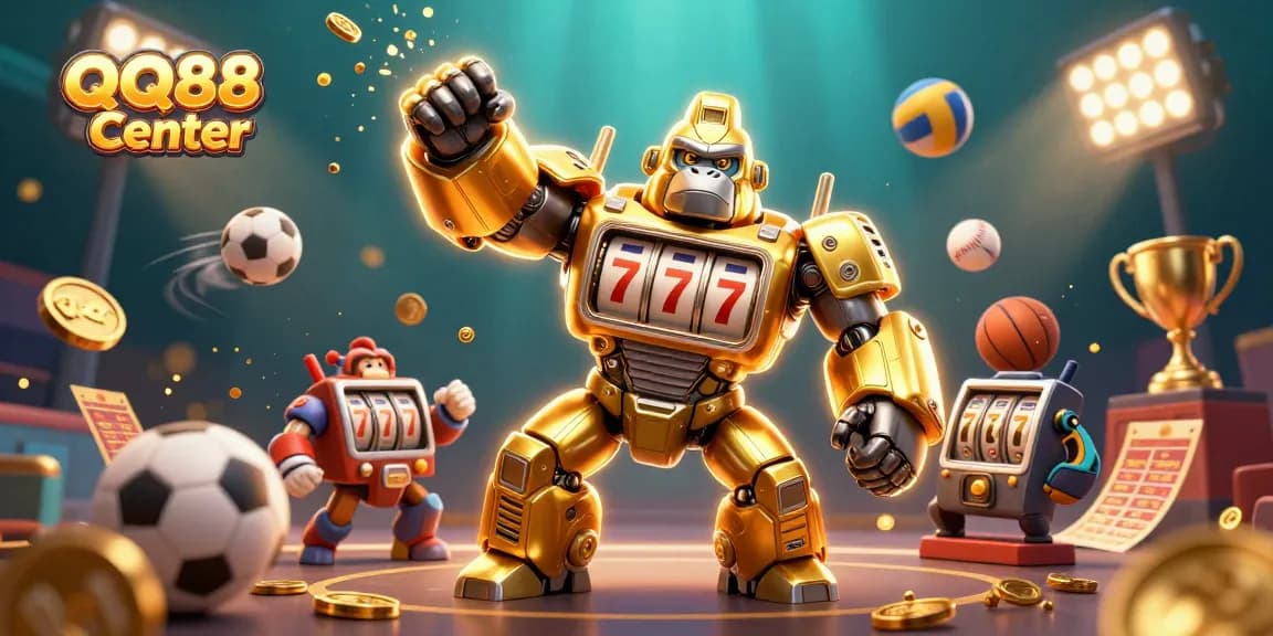 Exciting illustration of QQ88 Center’s dynamic golden gorilla mech and sports betting elements exploding with energy.