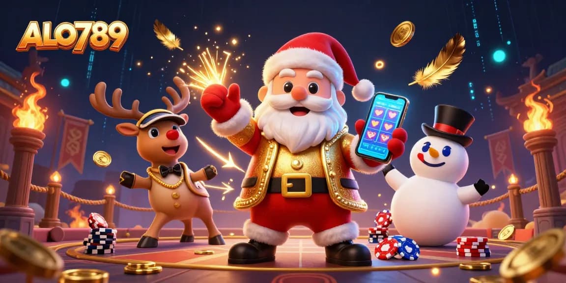 Experience ALO789 with dynamic casino action and vibrant visuals featuring festive characters.