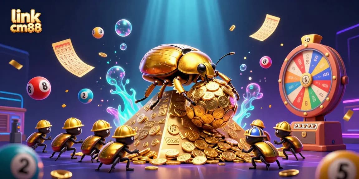 Experience thrilling wins at link cm88 with vibrant lottery balls and golden casino elements in this dynamic illustration.