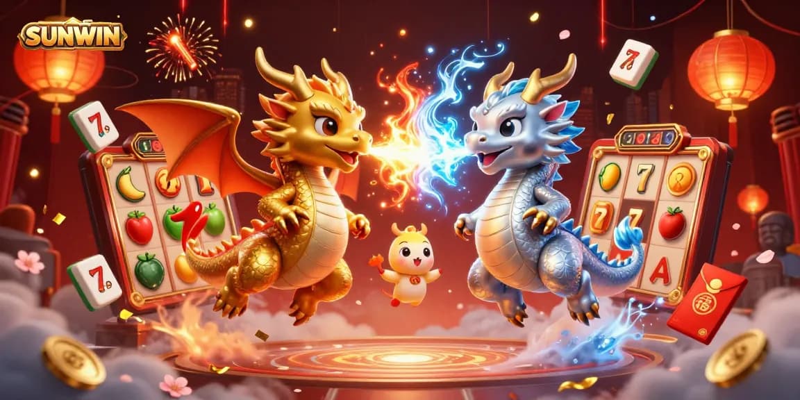 SUNWIN showcases twin dragons in a dynamic gambling-themed illustration with slot symbols and festive elements.