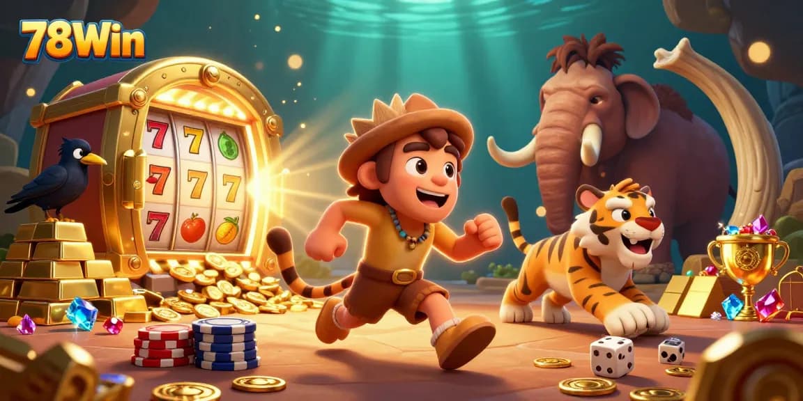 Win big at 78Win with vibrant slot reels and engaging caveman-themed characters