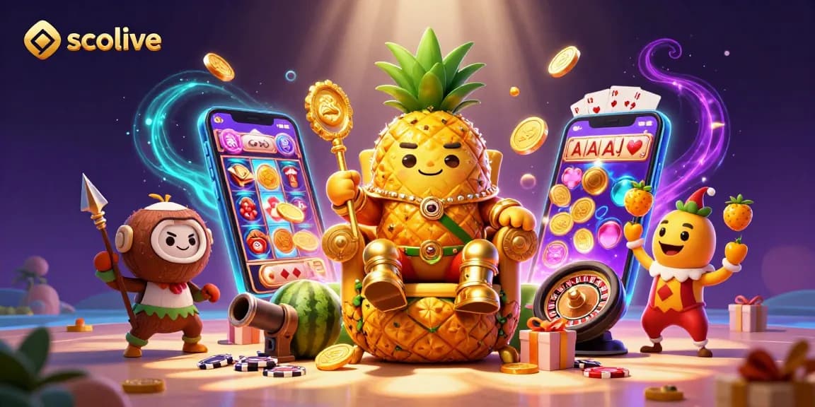 Socolive showcases a vibrant golden pineapple king and casino elements in a lively gambling scene.