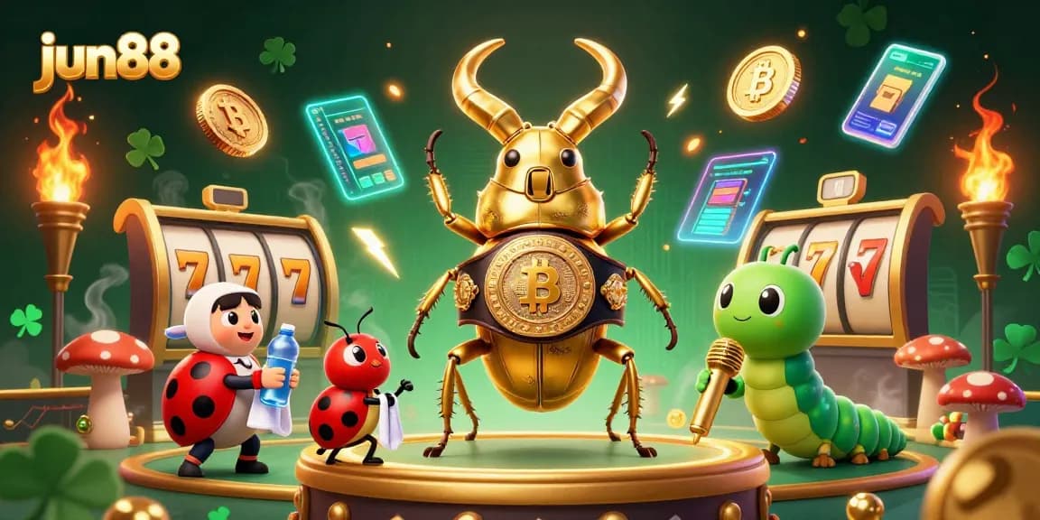 Experience the thrilling gaming environment at jun88, featuring a giant golden stag beetle and vibrant casino elements.