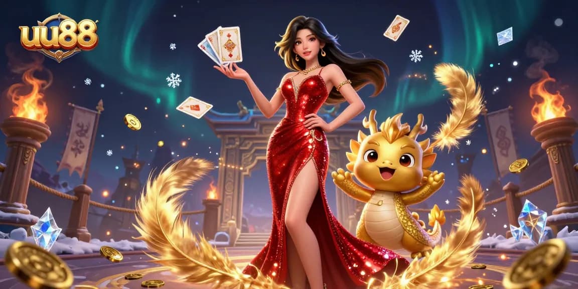 Experience thrilling gameplay with uu88, showcasing an elegant woman and a golden dragon in a vibrant casino setting.