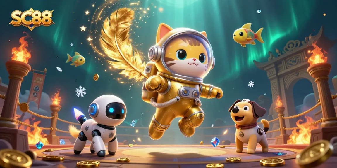 SC88 interactive 3D cartoon illustration of an astronaut cat and robot dog in a vibrant casino atmosphere.